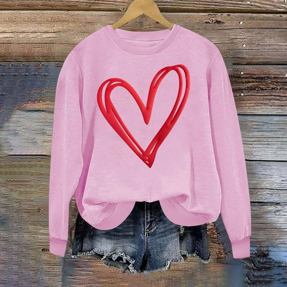 Fznquz Long Sleeve Sweatshirts Women Pink Pullover Crewneck Sweatshirt Love Heart Print Valentines Trendy Clothes