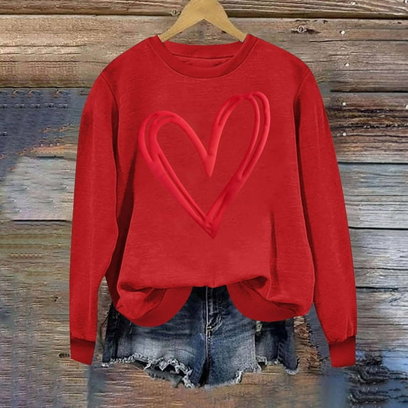 Fznquz Long Sleeve Sweatshirts Women Pullover Red Crewneck Sweatshirt Love Heart Print Trendy Valentines Women Sweatshirt