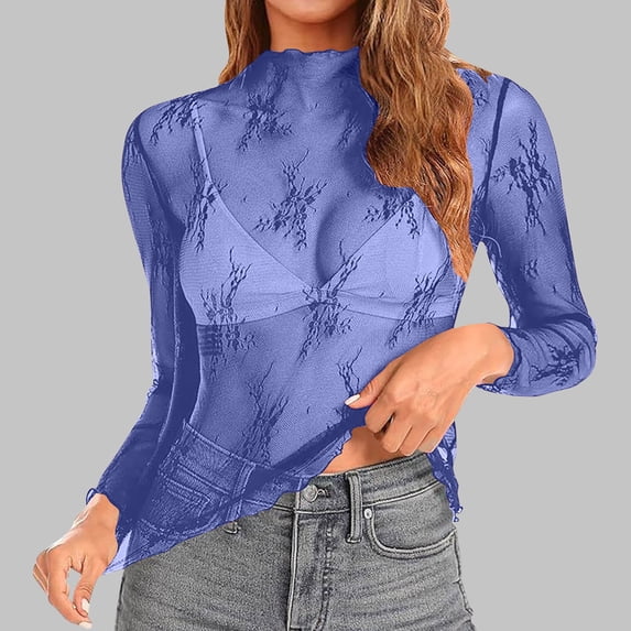 Fznquz Long Sleeve T Shirts Women Casual Blue Lace Top Mock Neck Mesh Party Club Night Women's Tops XL