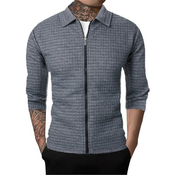 Fznquz Long Sleeve Tees for Men Gray Collared Full Zip Tees Shirts Fall Winter Plain Clothes Men