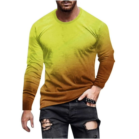 Fznquz Long Sleeve Tees for Men Yellow Fashion Soft Tee Shirt Gradient 2025 Clothes Men