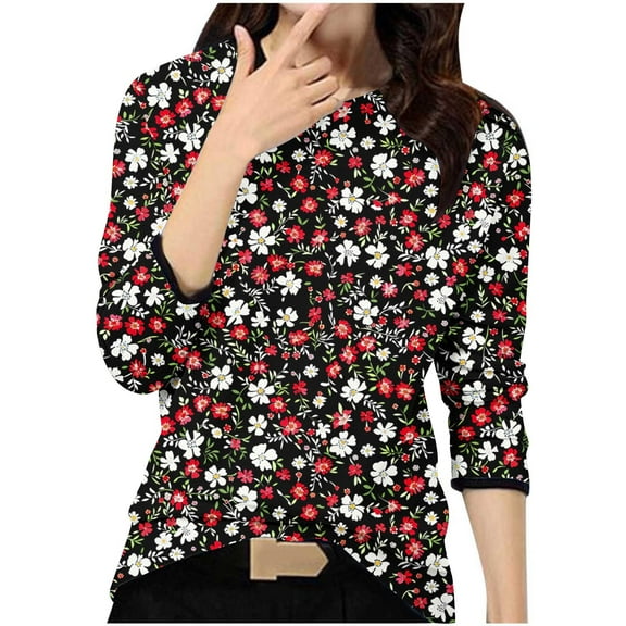 Fznquz Long Sleeve Tops Women Red Loose Casual Shirt Floral Print Crew Neck Dressy Trendy Blouses for Women