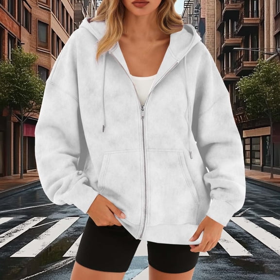 Fznquz Long Sleeve Tops for Women 2026 White Soft Full Zip Jacket Drawstring Casual Hooded Women's Fashion,M