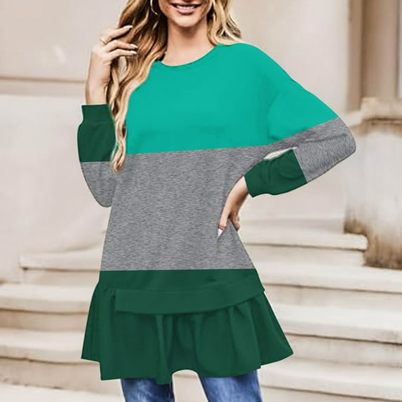 Fznquz Long Sleeve Tops for Women Crewneck Striped Green Shirt Dress Color Block Flowy Peplum Casual Womens T Shirts