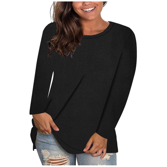 Fznquz Long Sleeve Tops for Women Plain Black Plus Size T Shirt Solid Fall Casual Womens T Shirts