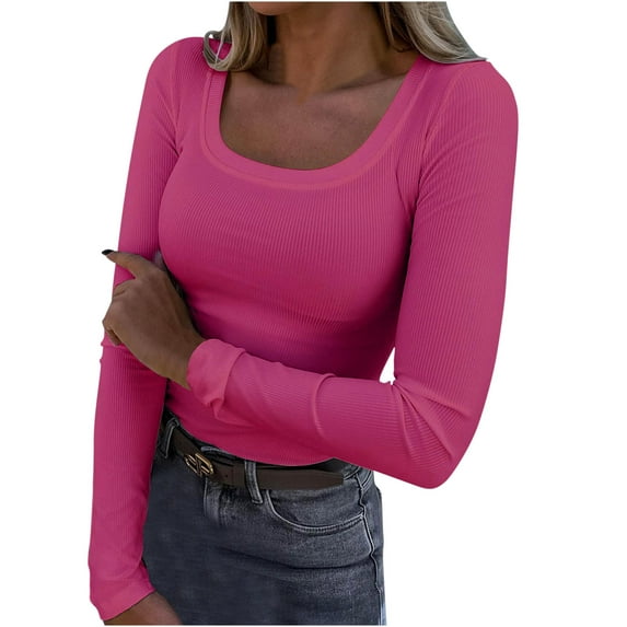 Fznquz Long Sleeve Tops for Women Slim Fit Ribbed Knit Scoop Neck Pink Tee Casual Plain Fashion