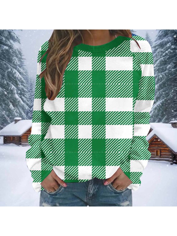 Long Sleeve Women Blouses Crewneck Green Plaid Sweatshirt Pullover Casual Spring Womens Clothing,S