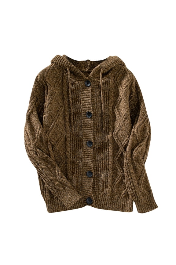 Long Sleeve Women Cardigan Button Down Fall Winter Cardigan Brown Lightweight Hooded Casual Fashion