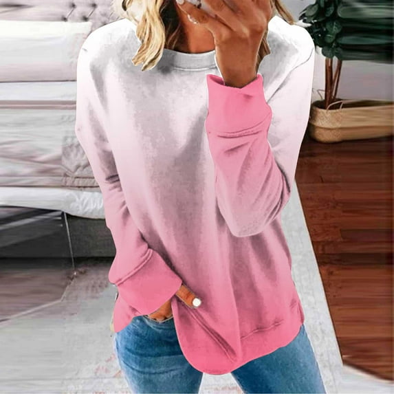 Fznquz Long Sleeve Womens Casual Tops Fall Crewneck Pink Tee 2025 Gradient Womens Tee