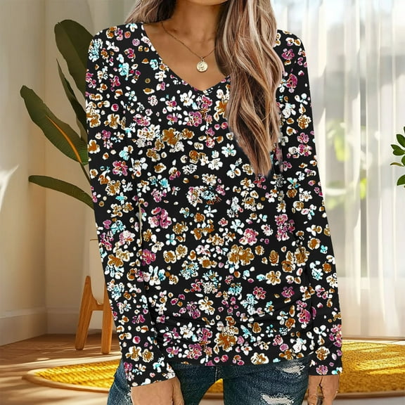 Fznquz Long Sleeve Womens Casual Tops Floral Fall Winter Brown T Shirt V Neck Y2k Clothes