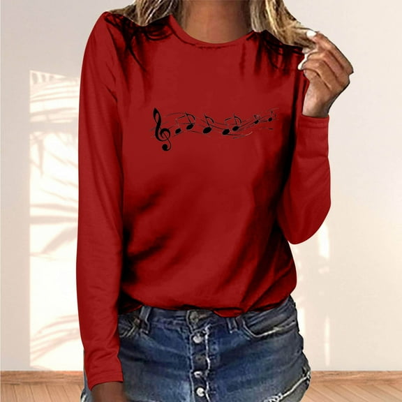 Fznquz Long Sleeve Womens Holiday Tops Red Casual Cotton Tees Graphic Crewneck Shirts for Women