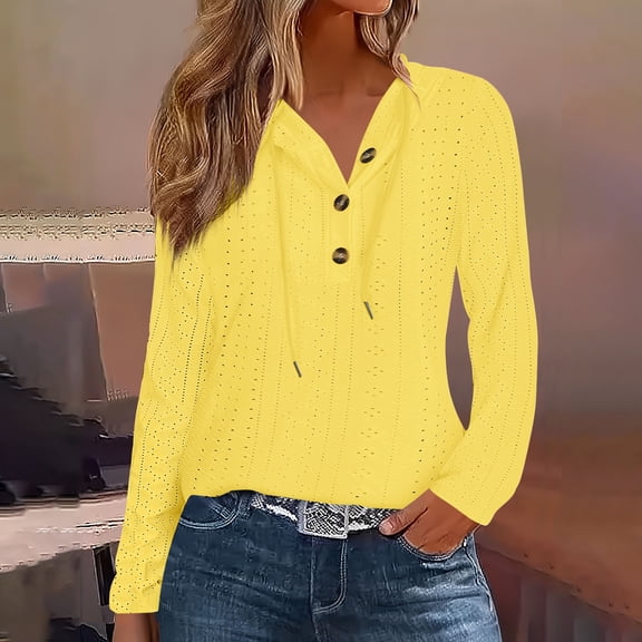 Fznquz Long Sleeve Womens Plus Size Blouses Yellow Hooded Shirts Fall Winter Button Womens Shirts Casual