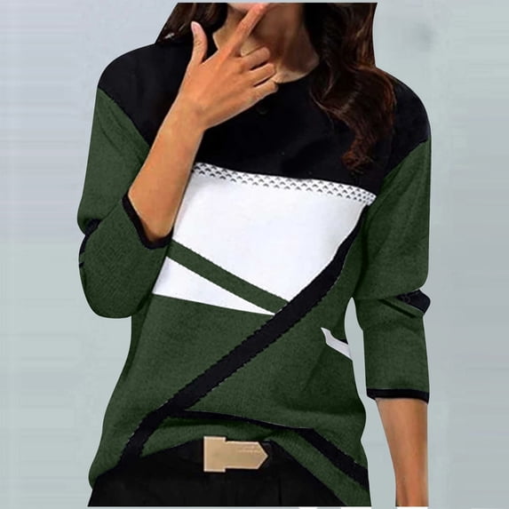 Fznquz Long Sleeve Womens Plus Size Tops Color Block Crewneck Tee Shirts Green Winter Casual Womens Fall Fashion