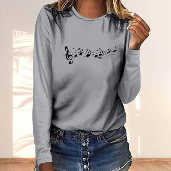 Fznquz Long Sleeve Womens Tops Under $15 Casual Cotton Gray Tees Graphic Crewneck T Shirt Women