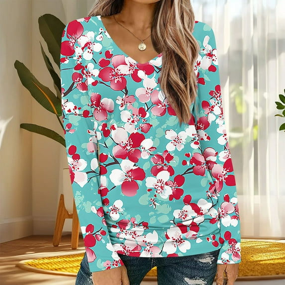 Fznquz Long Sleeve Womens Tops Dressy Casual Floral Fall Winter Green Shirts V Neck Trendy Women T Shirt
