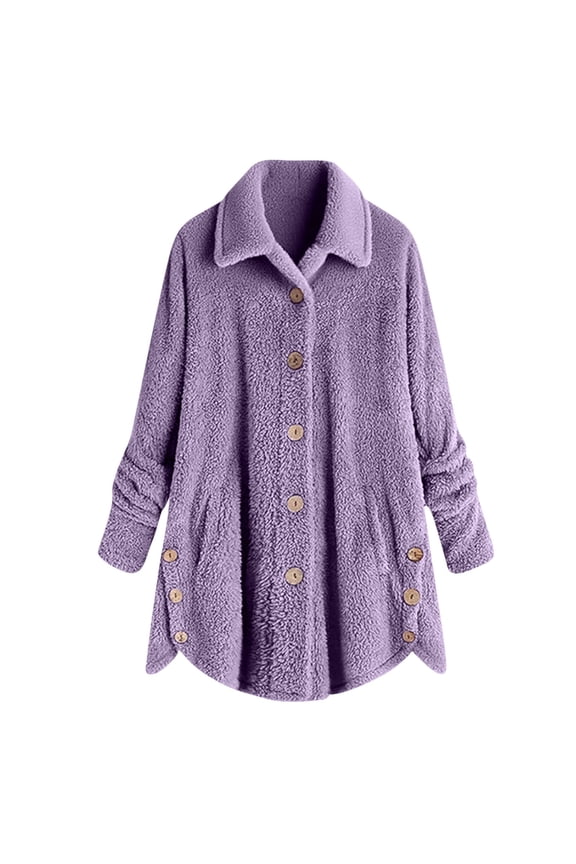 Long Sleeve Womens Tops Dressy Casual Purple Winter Fleece Shirts Button-Up Fuzzy Pockets Womens Tee Shirts,L