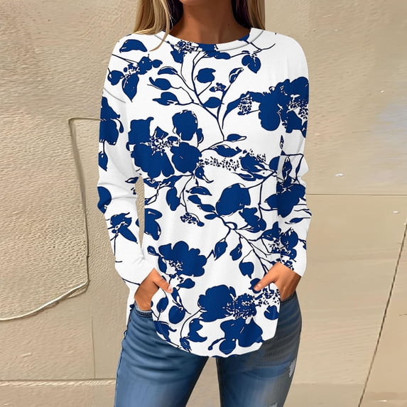 Fznquz Long Sleeve Womens Tops Dressy Floral Tunic Shirt Blue Round Neck Plus Size Casual T Shirts for Women