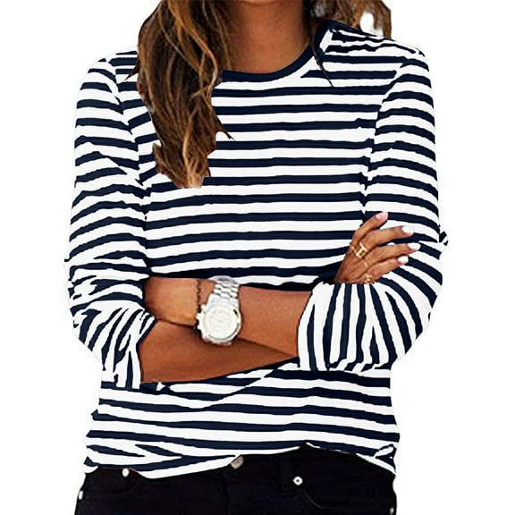Fznquz Long Sleeve Work Tops for Women Striped Blue Crewneck Shirt Casual 2025 Fall Clothes for Women