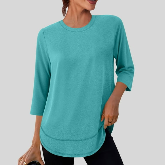 Fznquz Loose Fit Plus Size Womens Tops 3/4 Length Sleeve Tunic Green Shirt Plain Crewneck Casual Blouse,L