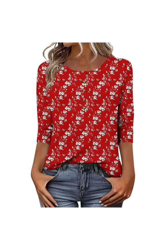 Loose Fit Women T Shirt Red 3/4 Length Sleeve Casual Tee Button Crewneck Floral Fashion,XL