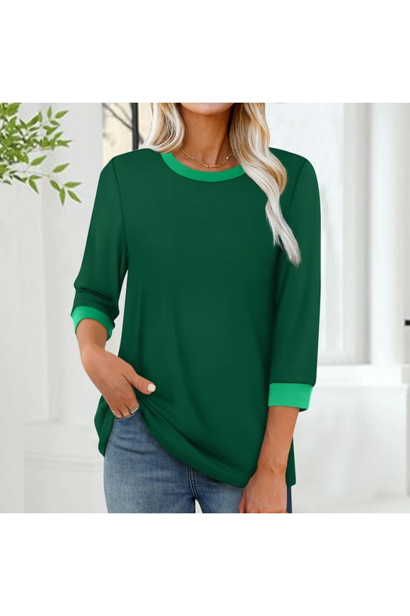 Loose Fit Womens 3/4 Sleeve Tops and Blouses Green Trendy T Shirt Casual Crewneck Ringer Blouses,XL