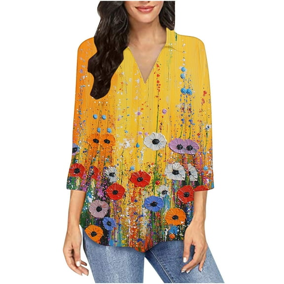 Fznquz Loose Fit Womens Blouse 3/4 Sleeve Yellow Dressy Blouses Y2K V Neck Floral Women Tops M