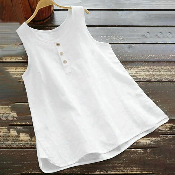 Fznquz Loose Tank Top for Women Button up Plus Size Casual Cotton Linen White Solid Teen Tank Tops 5.00