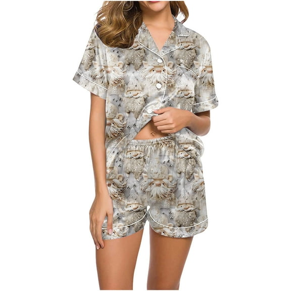 Fznquz Loungewear Sets Button Up 2 Piece Christmas Satin Outfits Soft Short Sleeve Pjama Set Womens