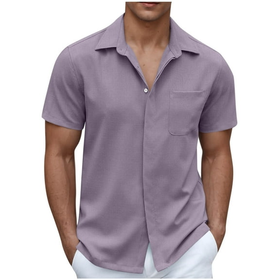 Fznquz Men Button Down Shirt Short Sleeve Cuban Shirt Summer Beach Vacation Untucked Casual Purple Mens Clothes
