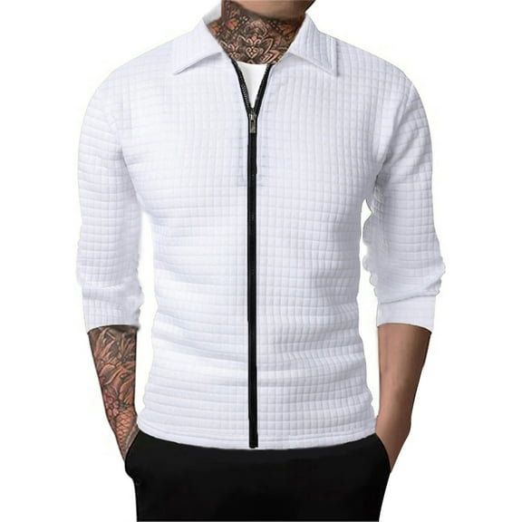 Fznquz Men Shirt Full Zip White Long Sleeve Collared Tees Shirts Fall Winter Plain Mens Clothes