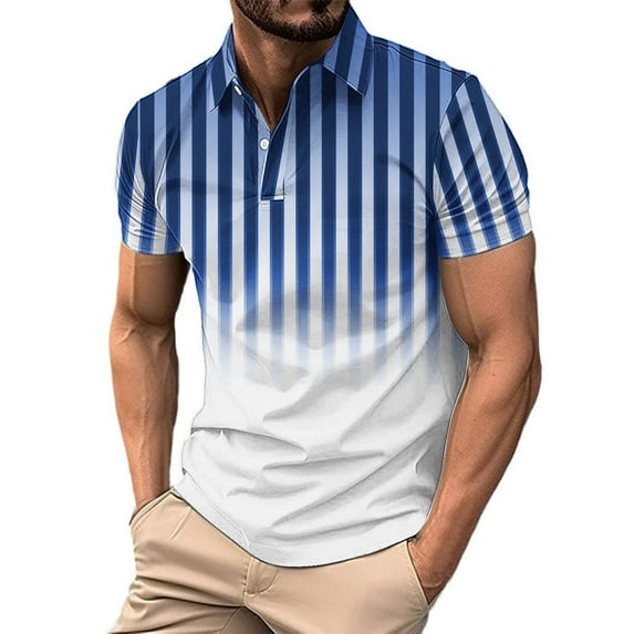 Fznquz Men Shirts Performance Casual Blue Polos Button Moisture Wicking Stripe Summer Men's T-Shirts M