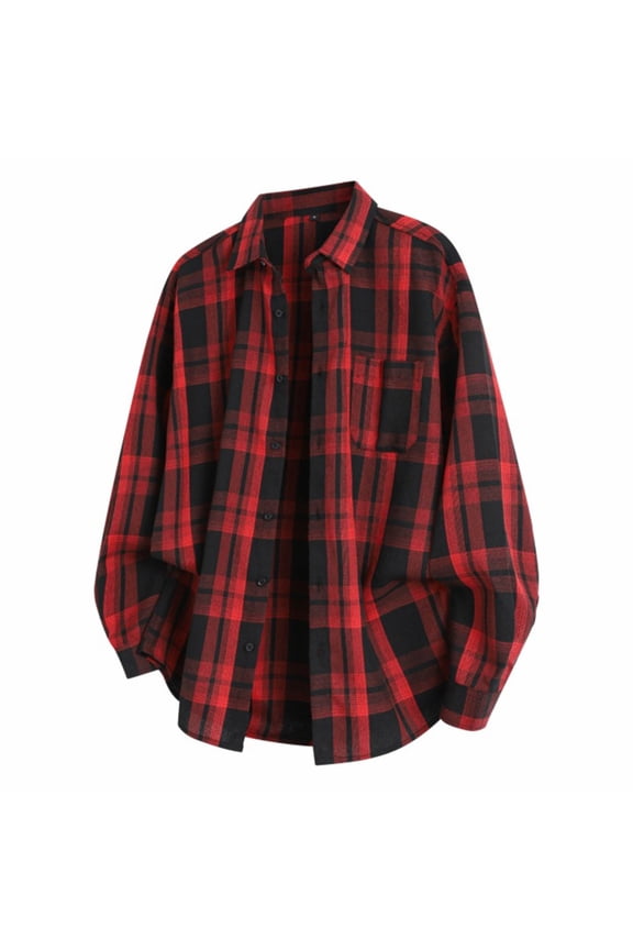 Men's Big and Tall Button Up Shirt Plaid Flannel Red Shirts Pocket Button Down Long Sleeve Men Clothes