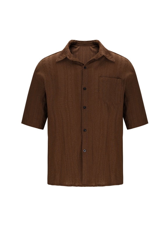 Men's Button Down Short Sleeve Shirts Summer Tops Solid Color Lightweight Casual Regular Fit Brown Men's Fashion