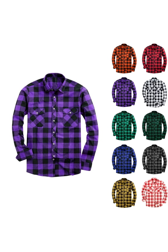 Men's Button-Up Shirt Plaid Flannel Long Sleeve Shirts Men Purple Casual with Pockets Lightweight Shirt