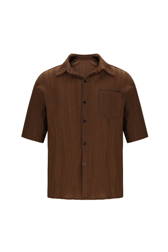 Men's Short Sleeve Button Down Shirt Summer Tees Regular Fit Solid Color Lightweight Casual Brown Men Clothing