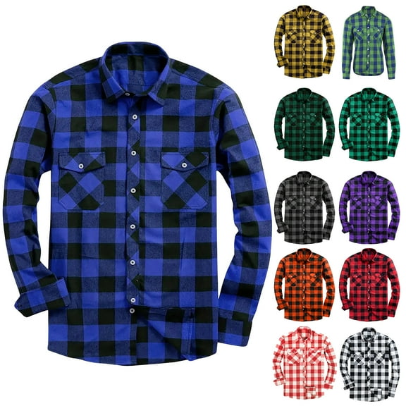 Blczomt Mens Big and Tall Button Up Shirt Clearance Long Sleeve Flannel Plaid Mens Clothing Regular Fit Casual Pockets Blue Shirt