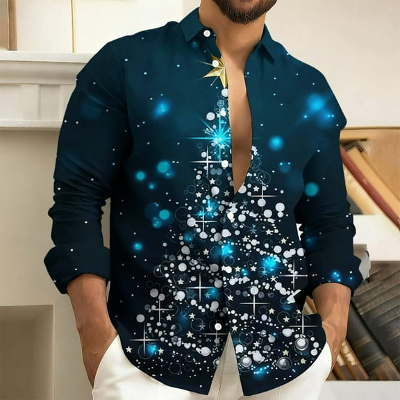 Fznquz Mens Big and Tall Button Up Shirt Collared Blue Long Sleeve Christmas Shirts Winter Xmas Print Trendy Men Clothes