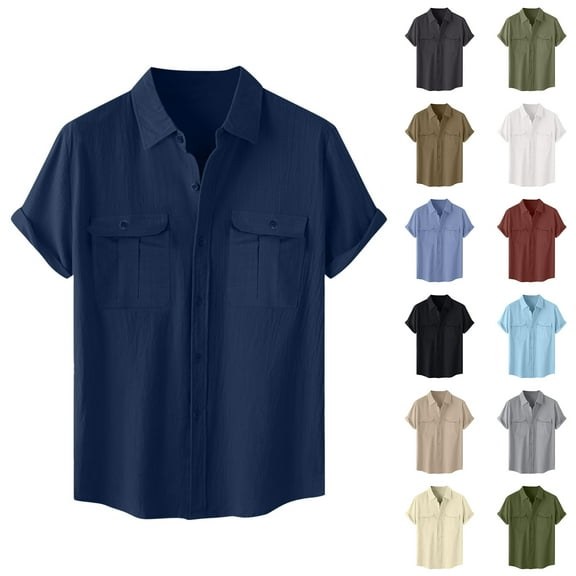 Fznquz Mens Big and Tall Button Up Shirt Cotton Linen Short Sleeve Plain Button down Shirt Vintage Soft Men's Fashion