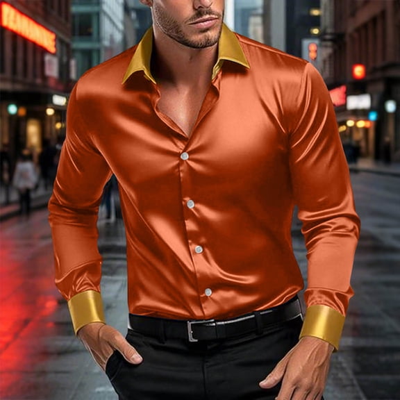 Fznquz Mens Button Up Shirt Gold Satin Collared Shirts Party Prom Regular Fit Long Sleeve Men Fashion