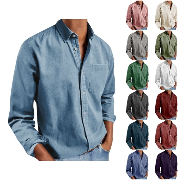 Fznquz Mens Button Up Shirt Long Sleeve Blue Plain Shirts Collared Button down Pocket Mens Clothes Sale