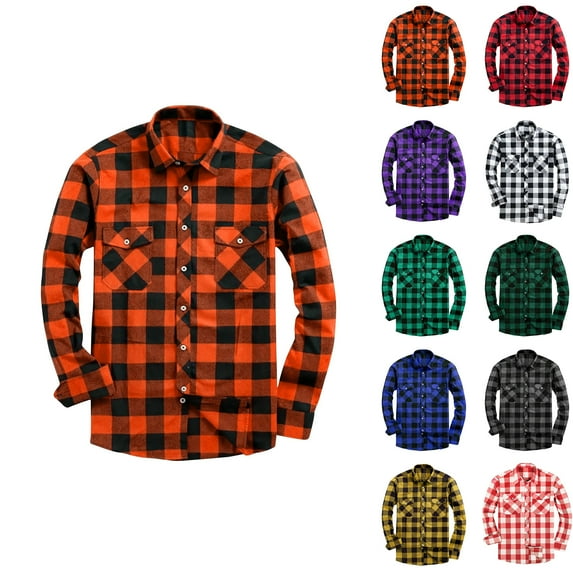 Blczomt Mens Button Up Shirt Long Sleeve Orange Flannel Button down Shirt Pocket Plaid Mens Clothes Sale