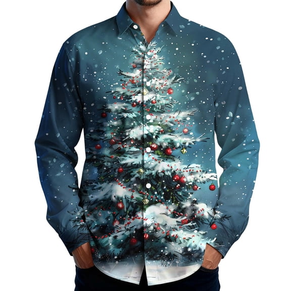 Fznquz Mens Button Up Shirts Long Sleeve Collared Blue Christmas Shirts Xmas Print Winter Trendy Oversized Clothes Men