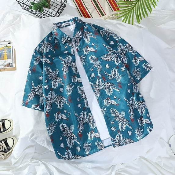 Fznquz Mens Hawaiian Shirt Summer Casual Shirt Button-Up Tropical Short Sleeve Men's Fashion