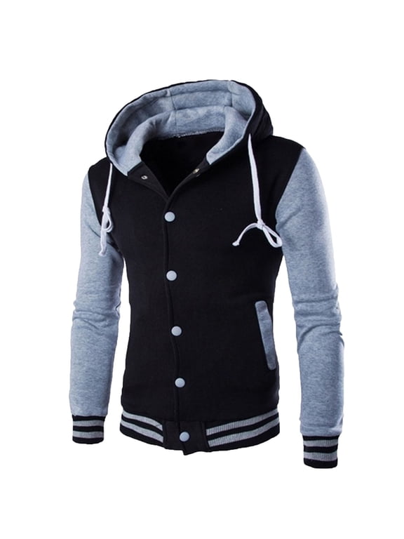 Mens Jacket Letterman Gray Jacket Baseball Button Down Hooded Heavy Mens Coats Winter