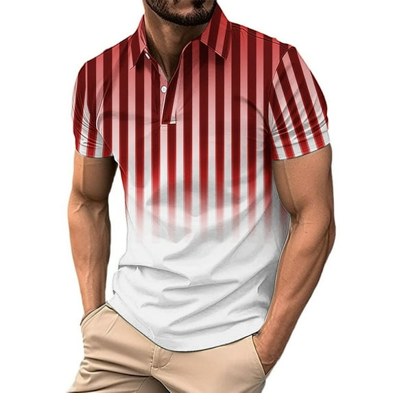 Fznquz Mens Polo Shirts Big and Tall Red Performance Casual Polos Stripe Moisture Wicking Summer Button Mens T-Shirts M