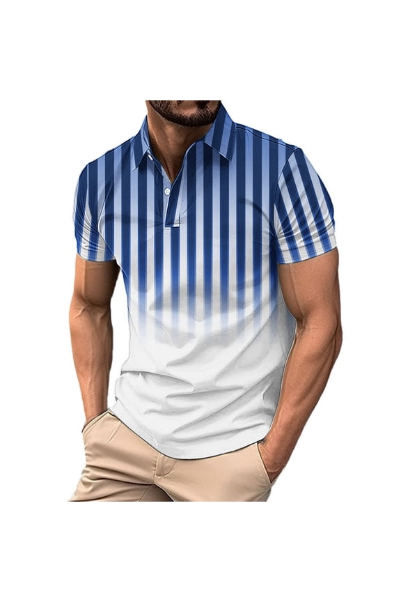 Mens Polo Shirts Short Sleeve Performance Blue Casual Golf Moisture Wicking Stripe Button Summer Shirt L