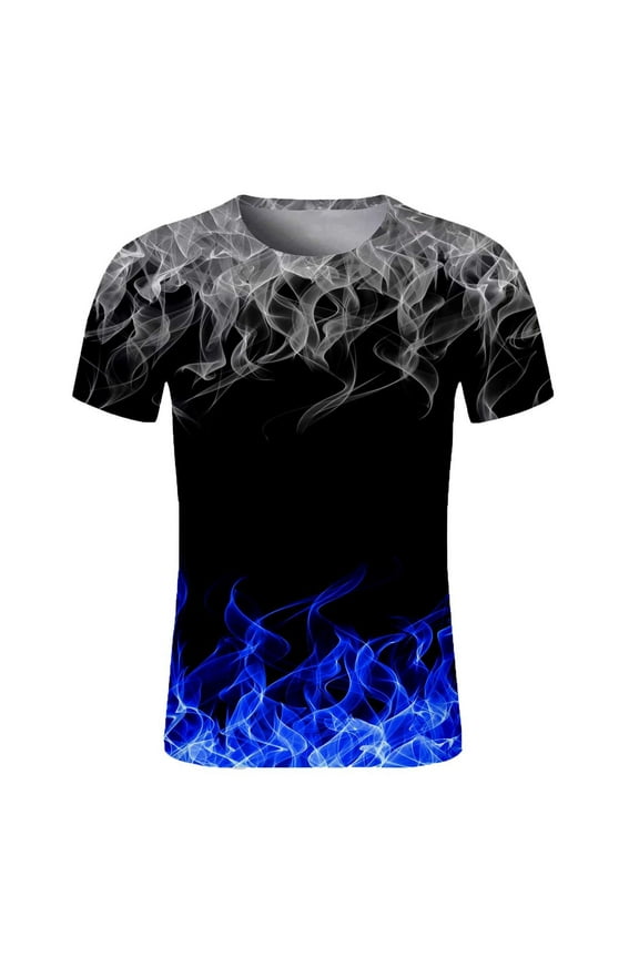 Mens T-Shirts Under $5 Blue Graphic Short Sleeve Crew Neck Summer Flame Print T-Shirts XXXXL