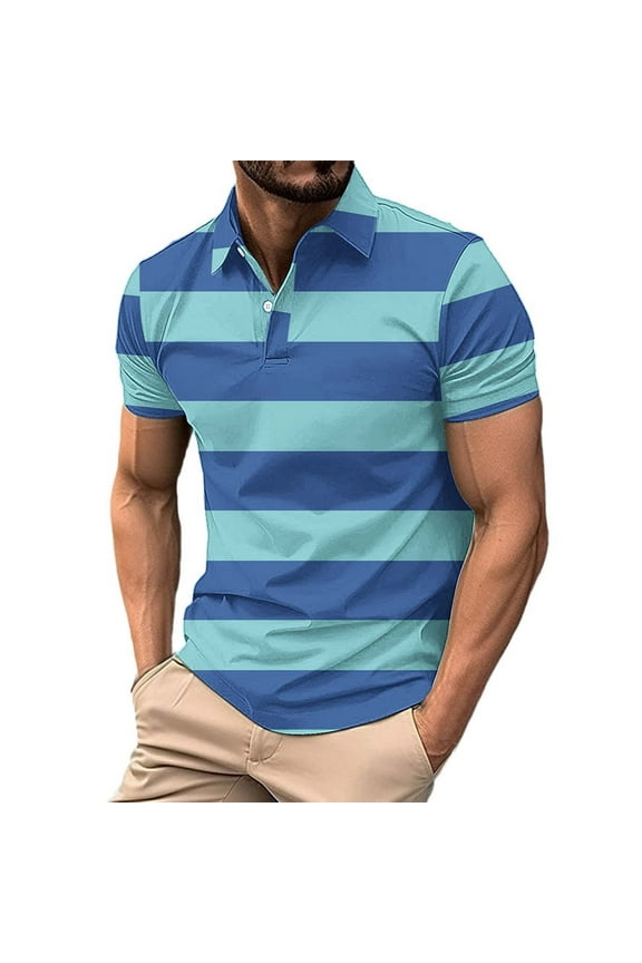 Mens T-Shirts Collared Performance Blue Casual Polos Moisture Wicking Summer Stripe Mens Tshirts M