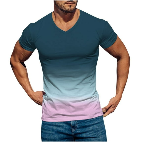 Fznquz Mens T-Shirts Short Sleeve Blue Gradient V Neck Summer Shirt XXL