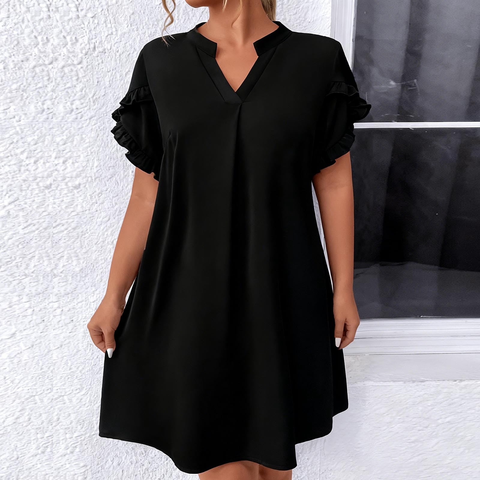 Fznquz Midi Dress Women Summer 2026 Black Casual A-Line Ruffle Sleeve V ...